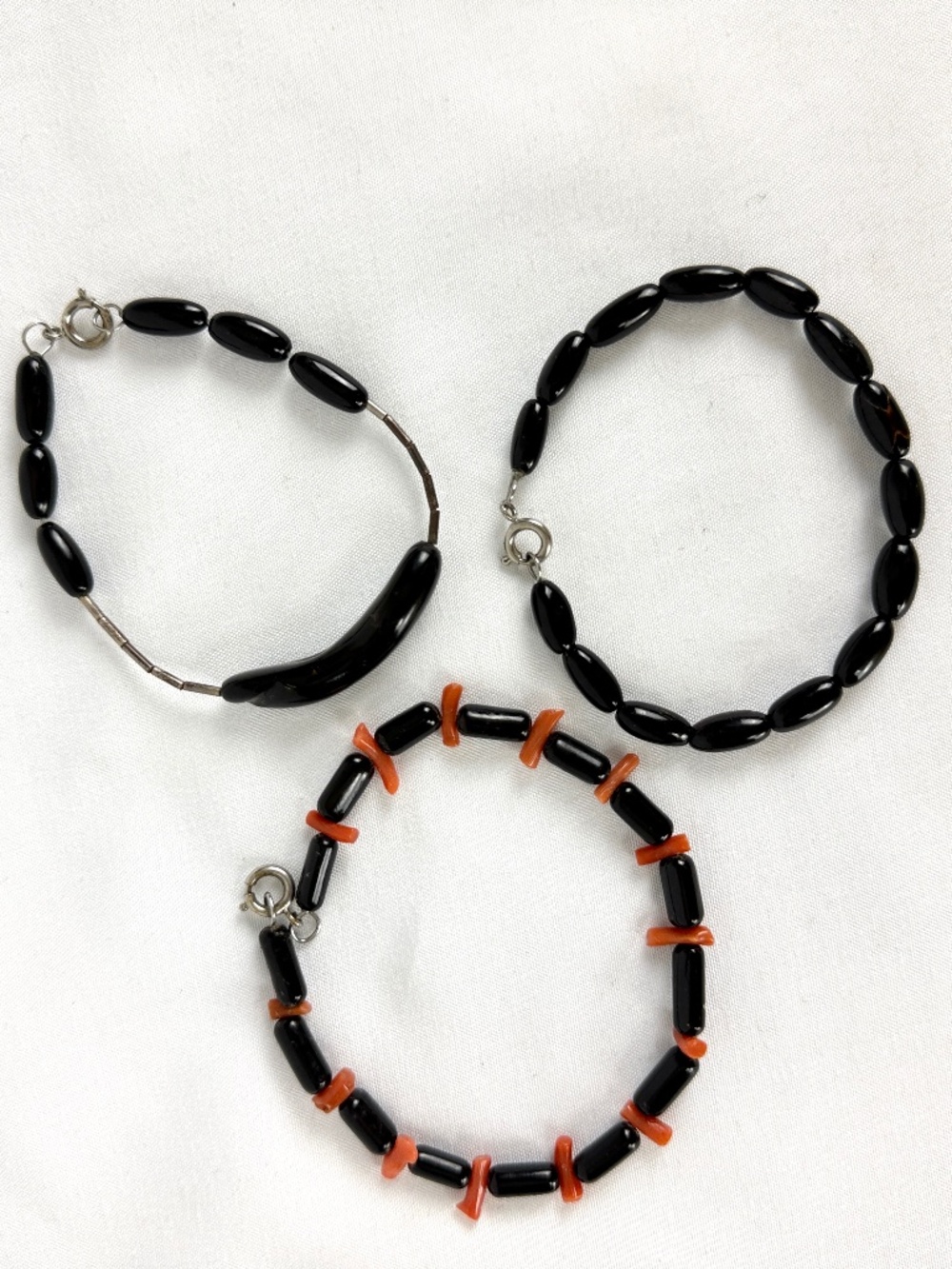 3 Vintage Bracelets Onyx and Orange Coral from Jamaica Handmade